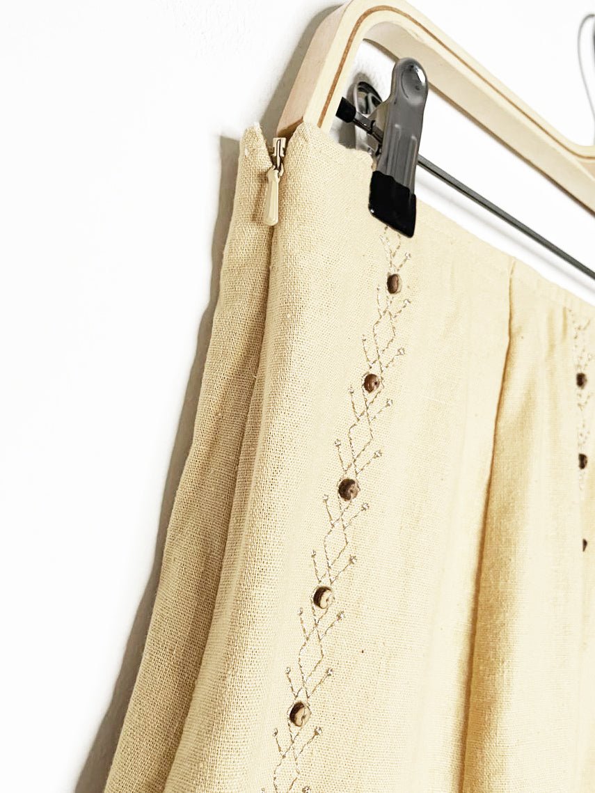 vintage 00s city girl linen-blend beaded lace hem midi skirt | nancy bolen - good market thrift store