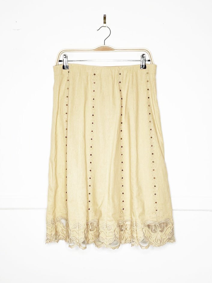 vintage 00s city girl linen-blend beaded lace hem midi skirt | nancy bolen - good market thrift store