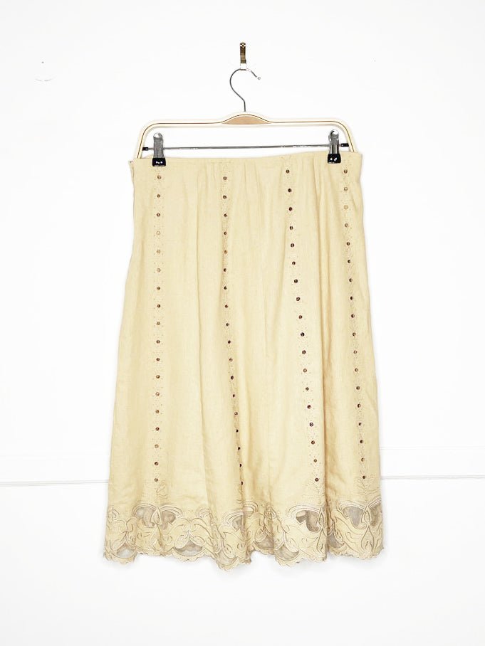 vintage 00s city girl linen-blend beaded lace hem midi skirt | nancy bolen - good market thrift store