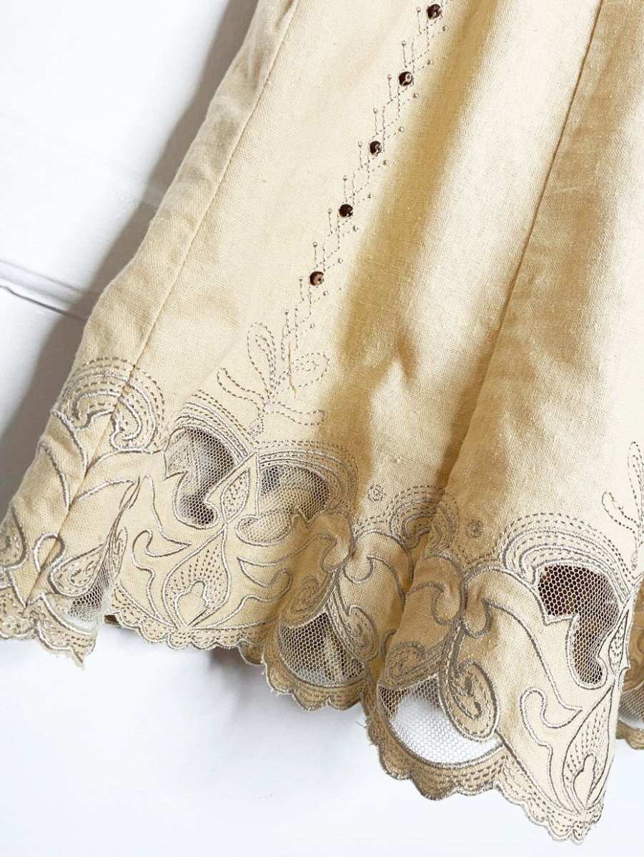 vintage 00s city girl linen-blend beaded lace hem midi skirt | nancy bolen - good market thrift store