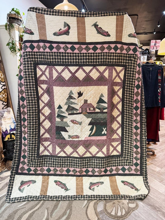 vintage 00s cottage fishing scene patchwork quilt - good market thrift store