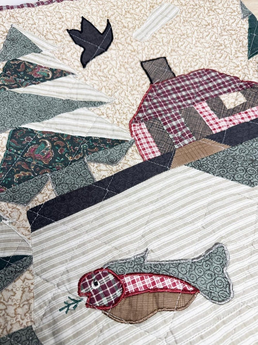 vintage 00s cottage fishing scene patchwork quilt - good market thrift store