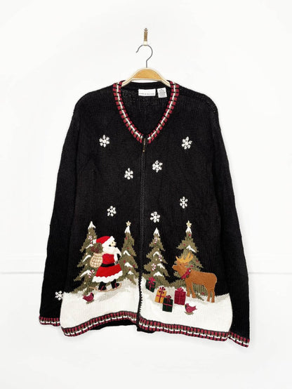 vintage 00s croft & barrow santa + reindeer full zip knit cardigan - good market thrift store