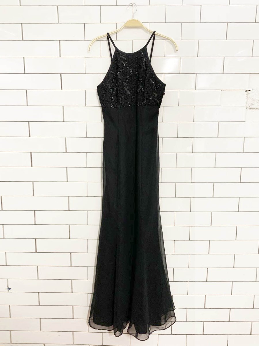 vintage 00s de laru sequin halter neck chiffon maxi dress | made in USA| linda bernell - good market thrift store