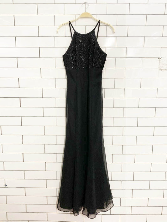vintage 00s de laru sequin halter neck chiffon maxi dress | made in USA| linda bernell - good market thrift store