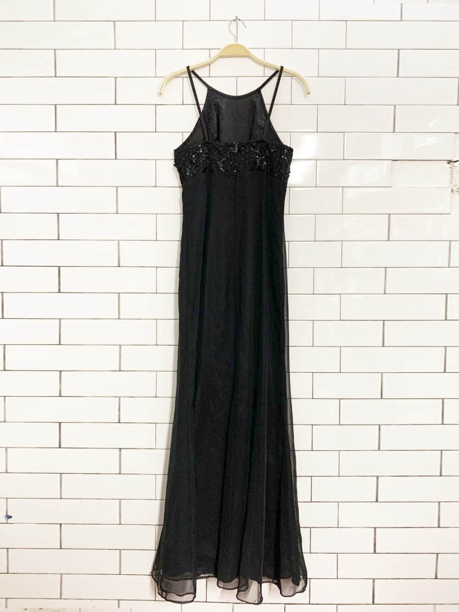 vintage 00s de laru sequin halter neck chiffon maxi dress | made in USA| linda bernell - good market thrift store