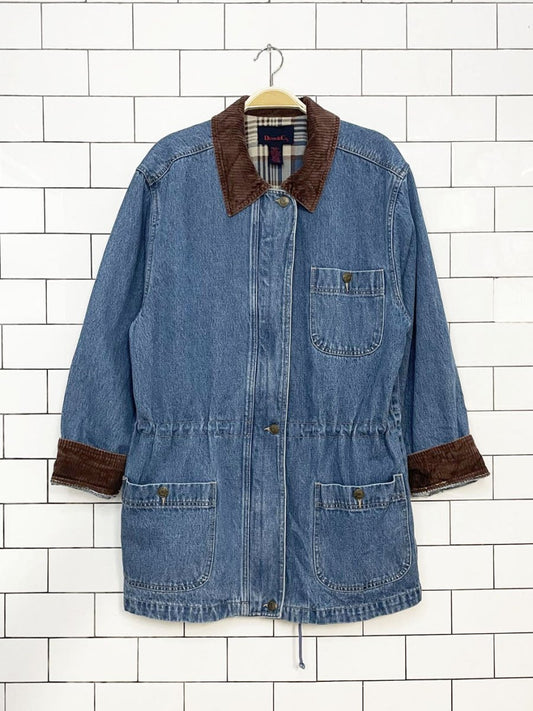 vintage 00s denim & co long relaxed chunky cord contrast collar denim jacket - good market thrift store
