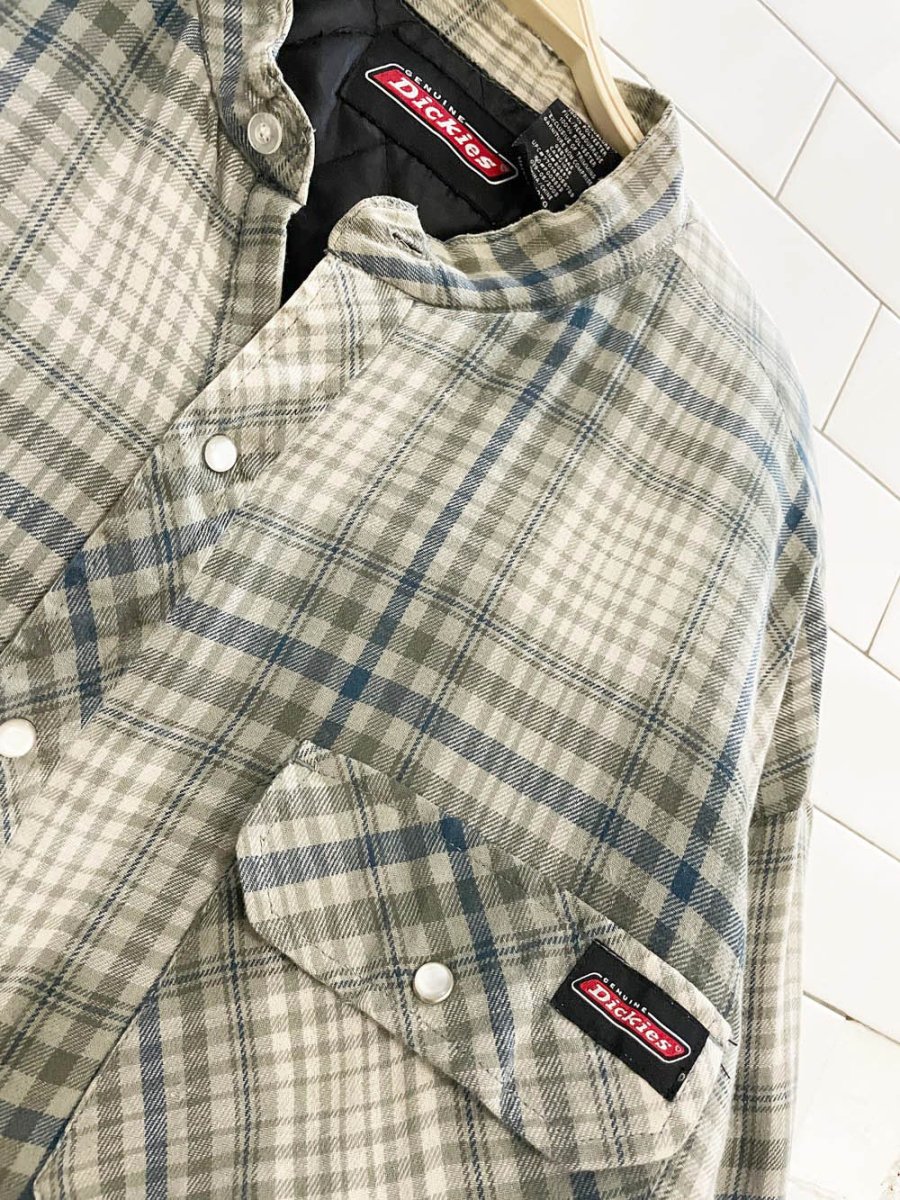 vintage 00s dickies grandad collar quilted flannel shirt jacket - good market thrift store
