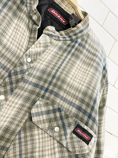 vintage 00s dickies grandad collar quilted flannel shirt jacket - good market thrift store