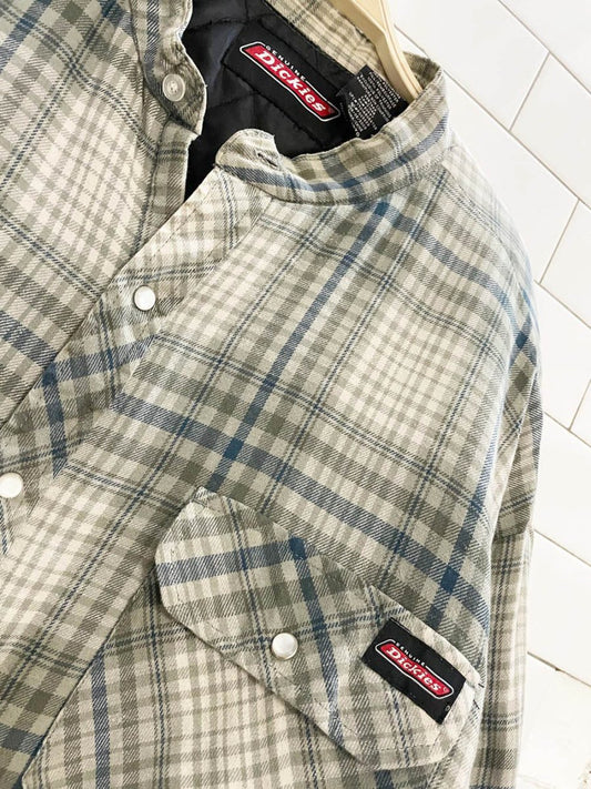 vintage 00s dickies grandad collar quilted flannel shirt jacket - good market thrift store