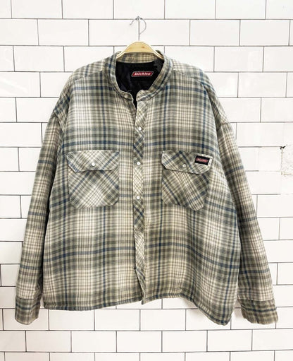 vintage 00s dickies grandad collar quilted flannel shirt jacket - good market thrift store