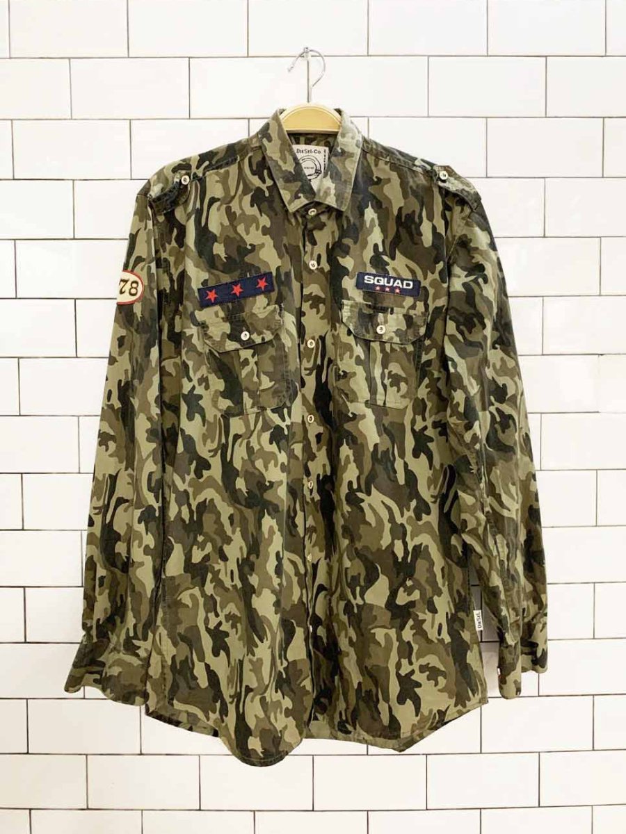 vintage 00s diesel patched military camo full button shirt - good market thrift store