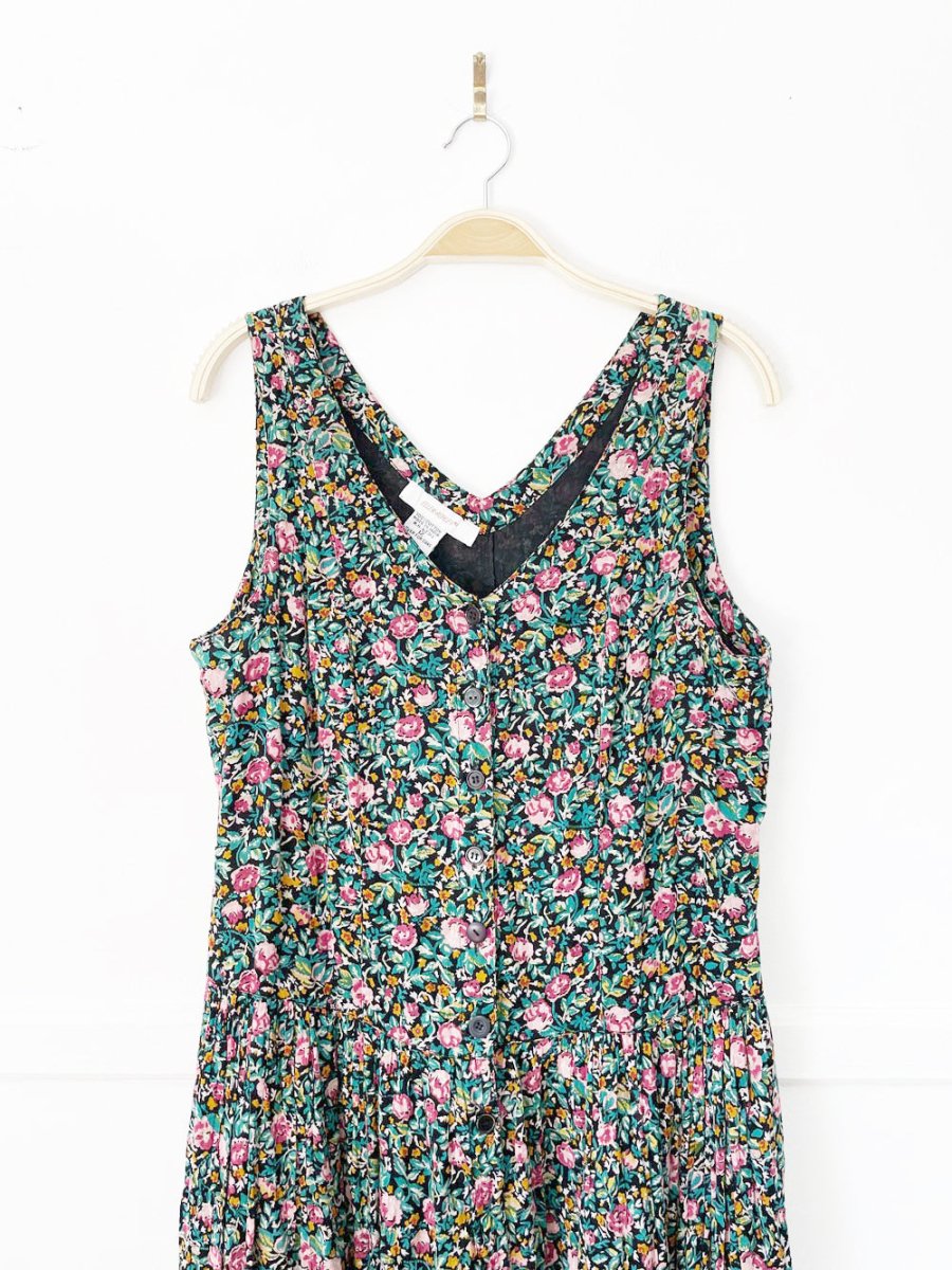 vintage 00s ellen ashley half button floral flowy maxi dress | made in india - good market thrift store
