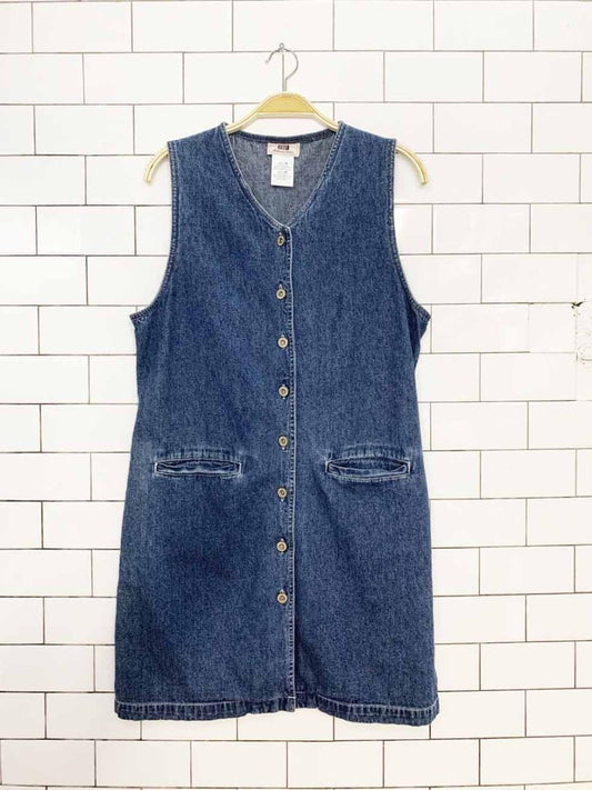 vintage 00s faded glory full button fitted denim midi dress - good market thrift store