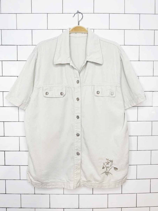 vintage 00s floral embroidery minimal full button twill shirt - good market thrift store