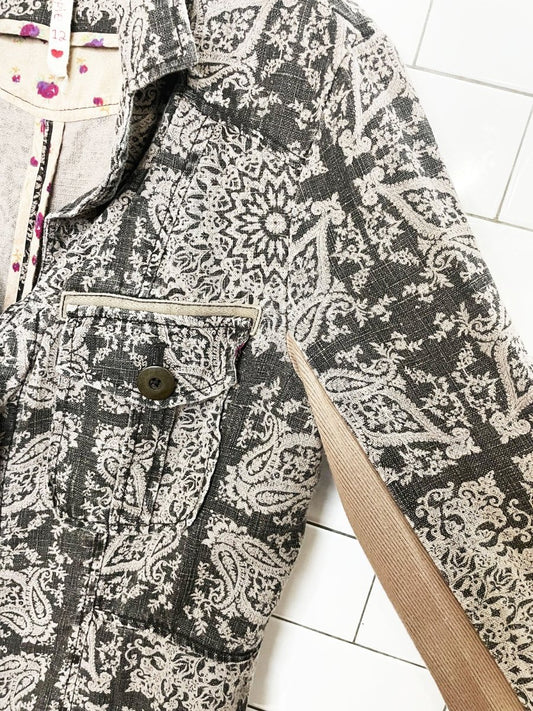 vintage 00s free people 100% ramie paisley slub full button light jacket | spanish tapestry - good market thrift store