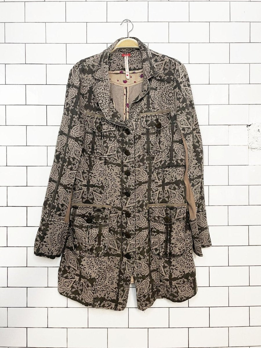 vintage 00s free people 100% ramie paisley slub full button light jacket | spanish tapestry - good market thrift store