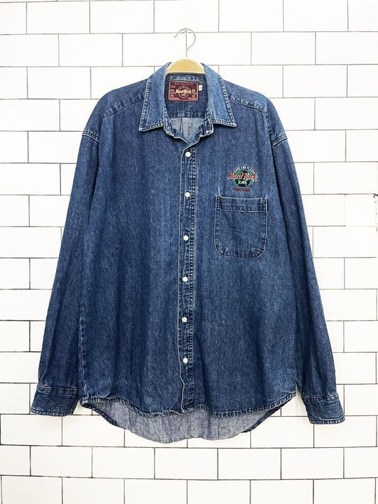 vintage 00s hard rock cafe chicago full button denim shirt | save the planet - good market thrift store