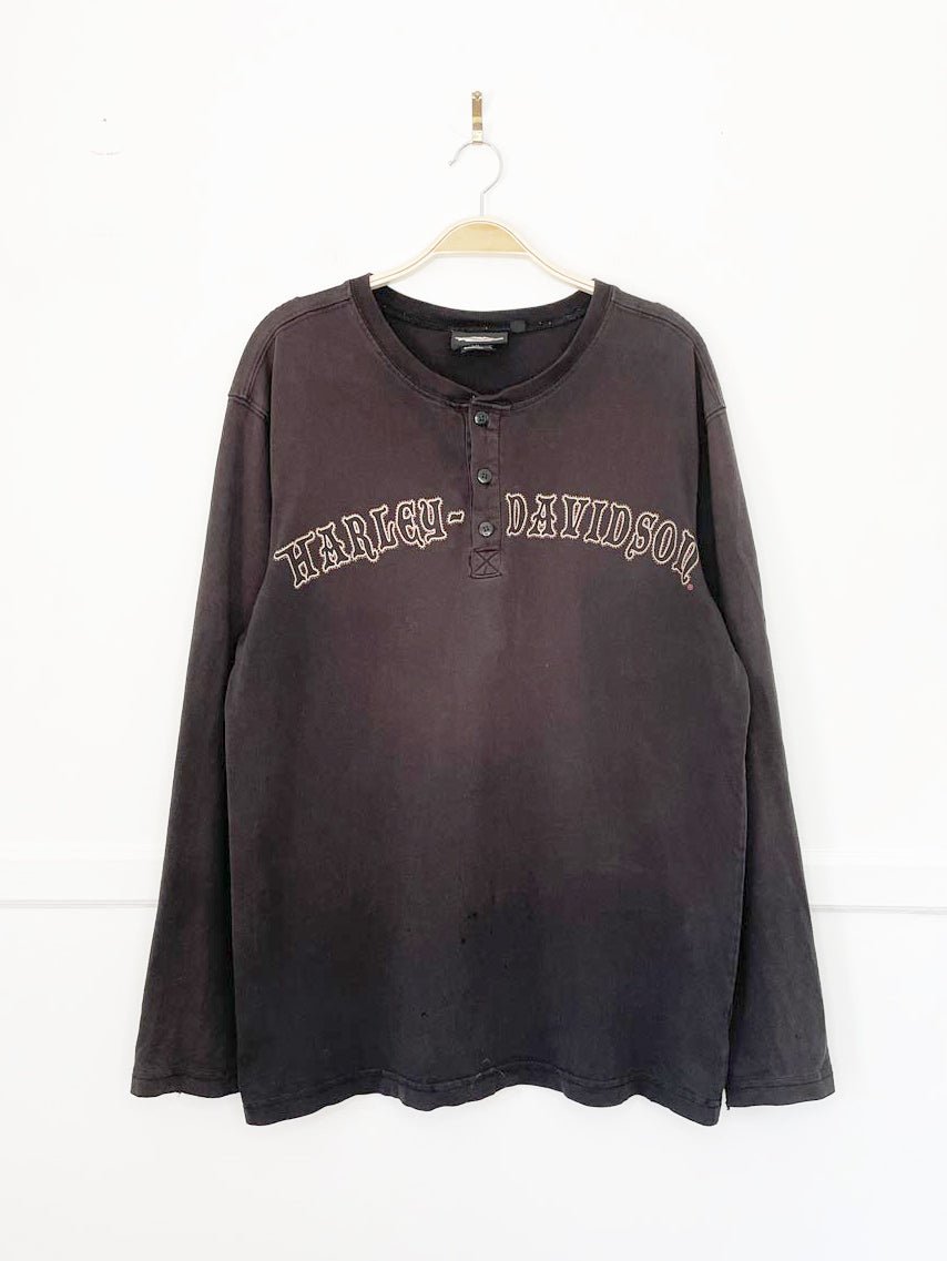 vintage 00s harley davidson 1/2 button long sleeve logo spellout henley | made in usa - good market thrift store