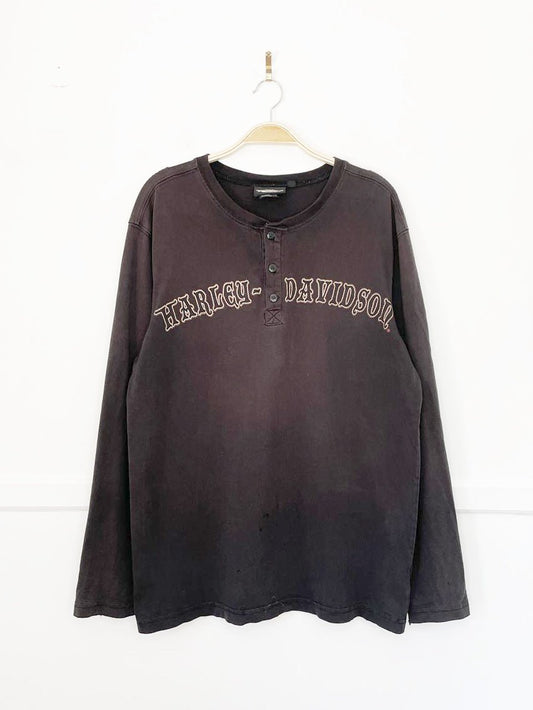 vintage 00s harley davidson 1/2 button long sleeve logo spellout henley | made in usa - good market thrift store