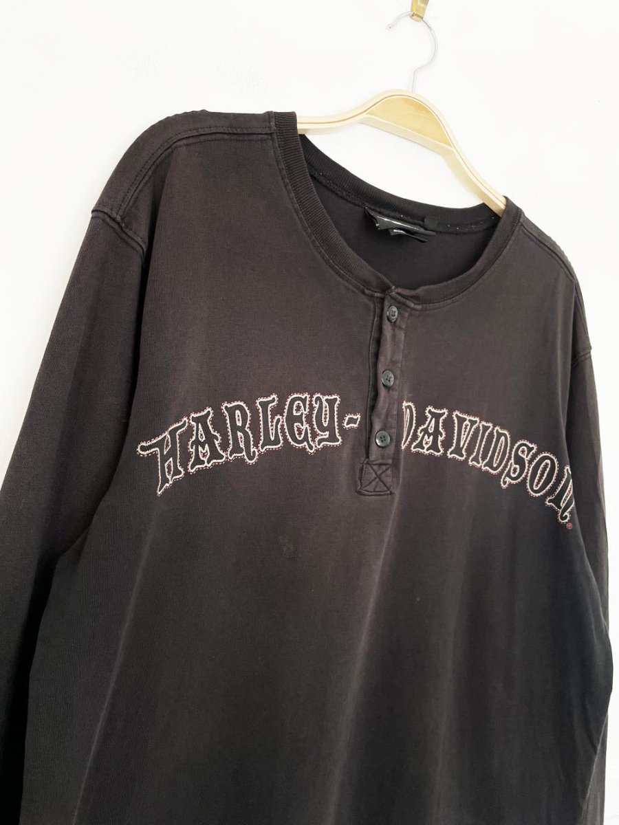 vintage 00s harley davidson 1/2 button long sleeve logo spellout henley | made in usa - good market thrift store