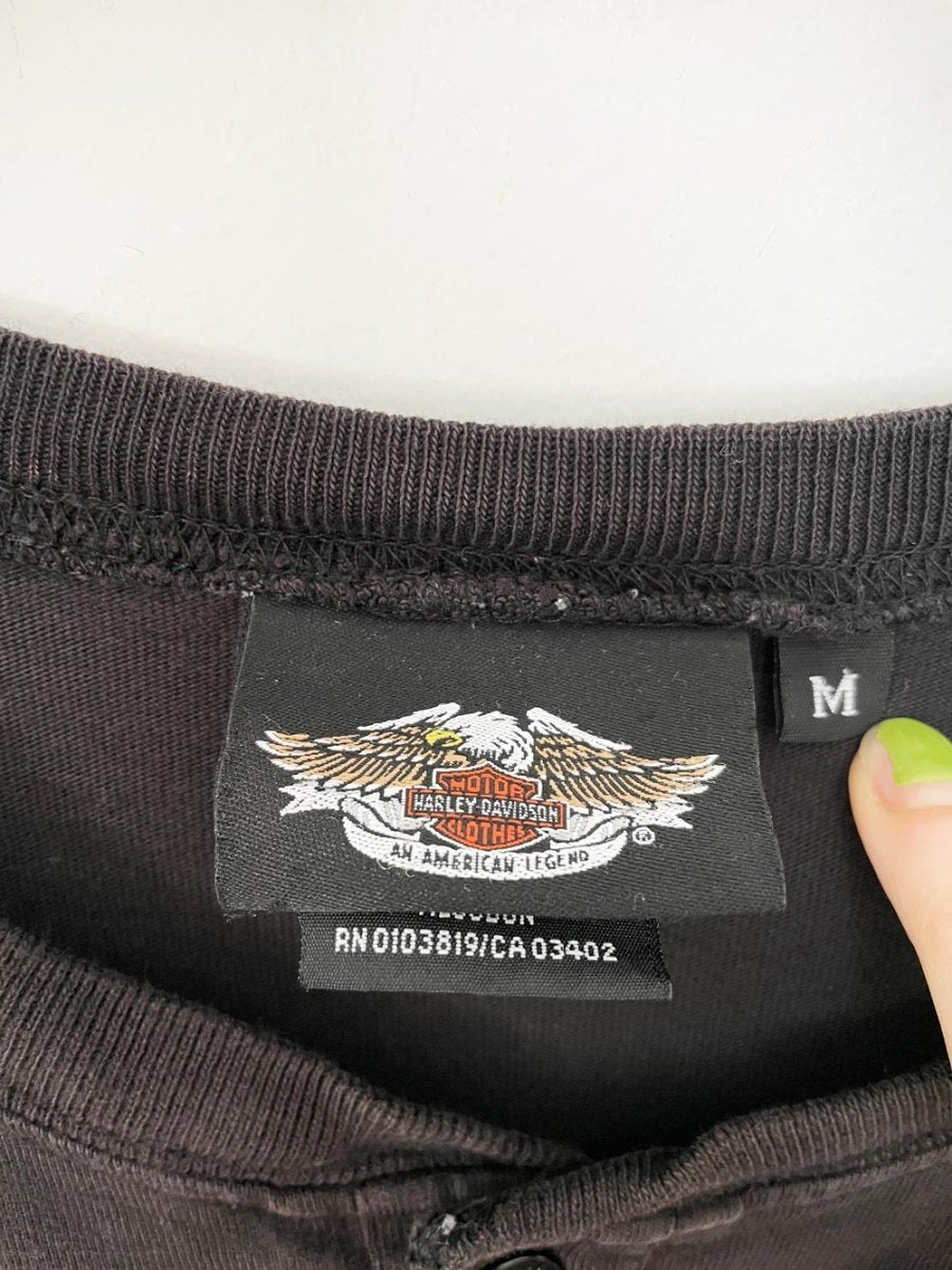 vintage 00s harley davidson 1/2 button long sleeve logo spellout henley | made in usa - good market thrift store