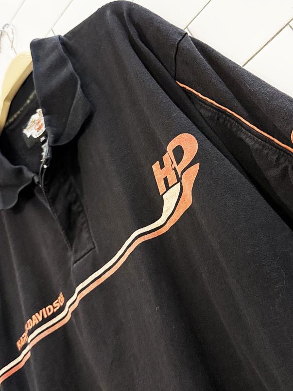 vintage 00s harley davidson striped sleeve polo shirt - good market thrift store