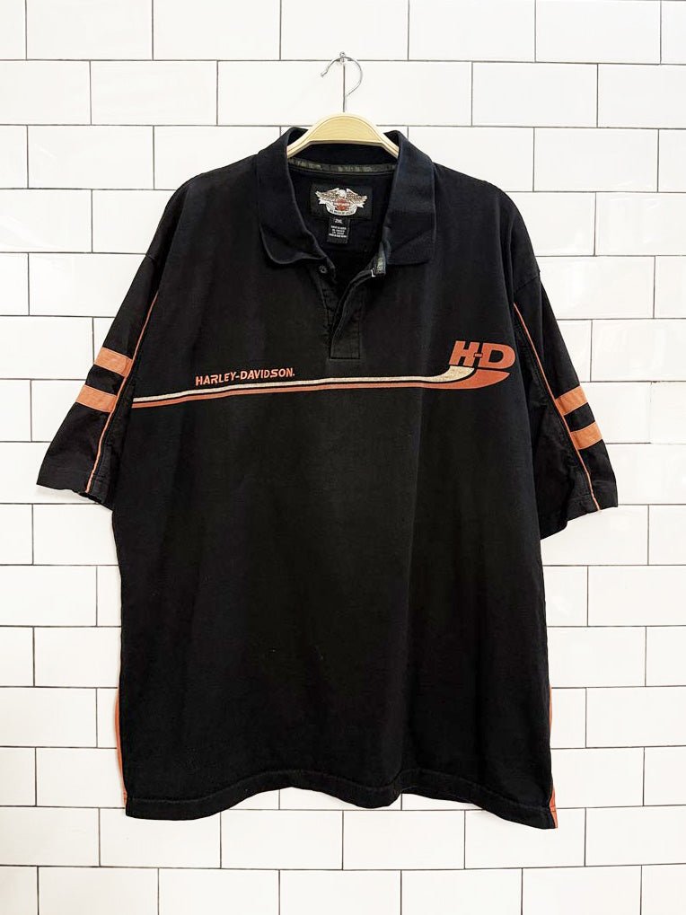 vintage 00s harley davidson striped sleeve polo shirt - good market thrift store