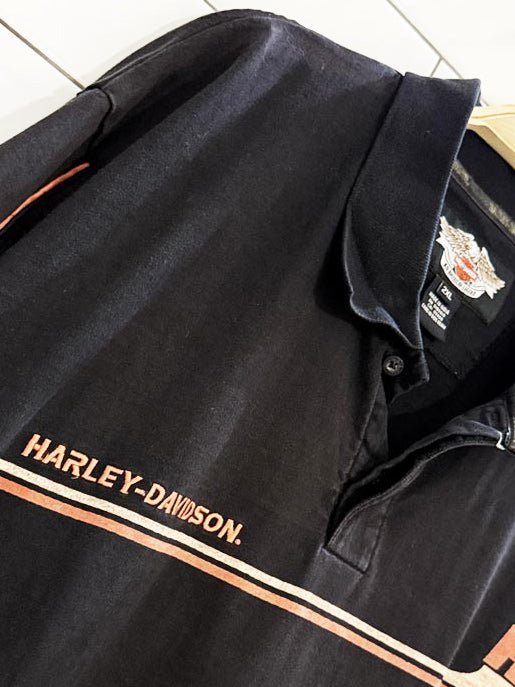 vintage 00s harley davidson striped sleeve polo shirt - good market thrift store