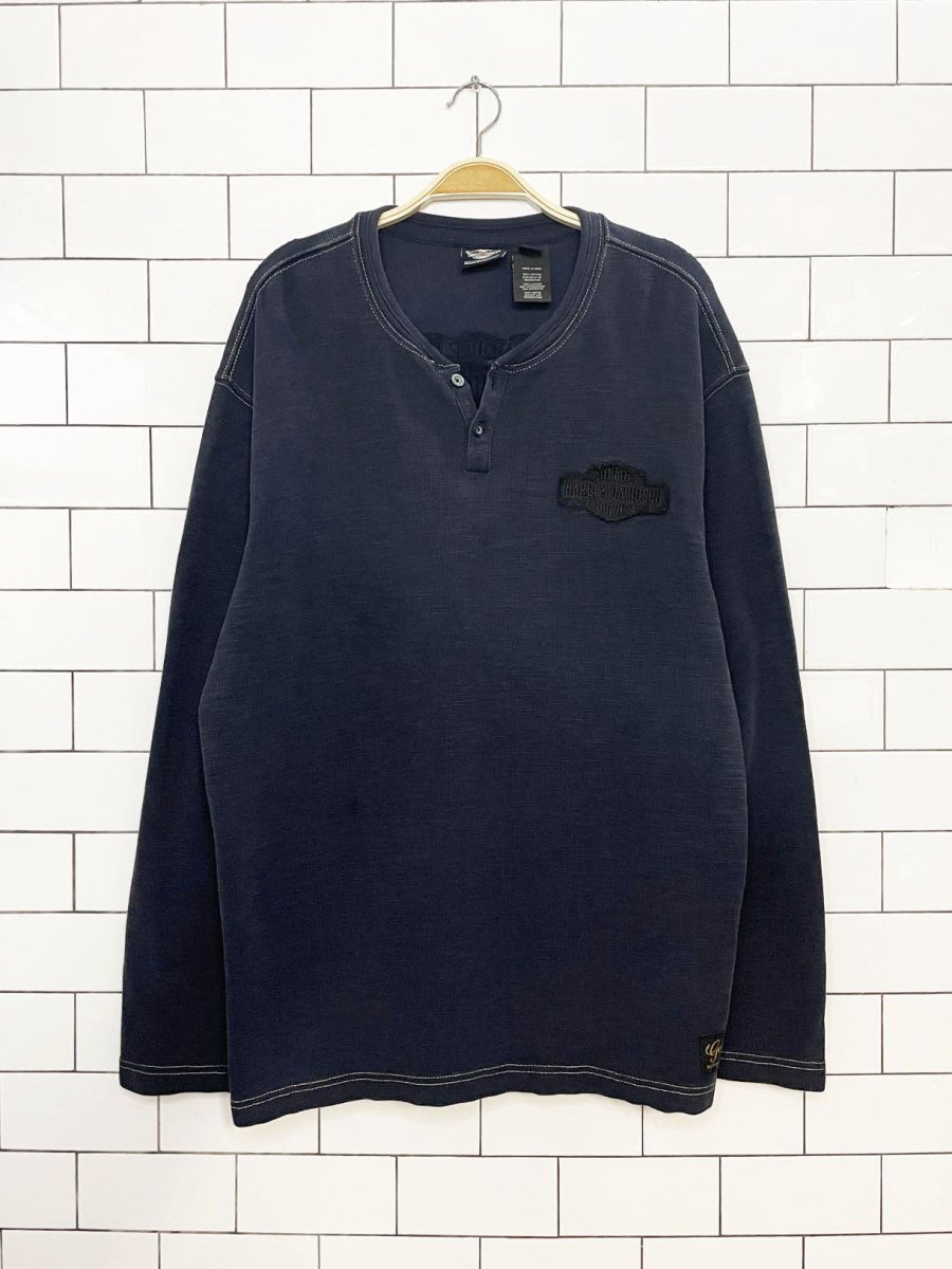 vintage 00s harley davisdon contrast stitch waffle 1/2 button long sleeve shirt - good market thrift store
