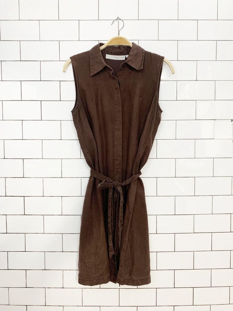 vintage 00s it's a new vision 100% linen full button sleeveless midi dress - good market thrift store
