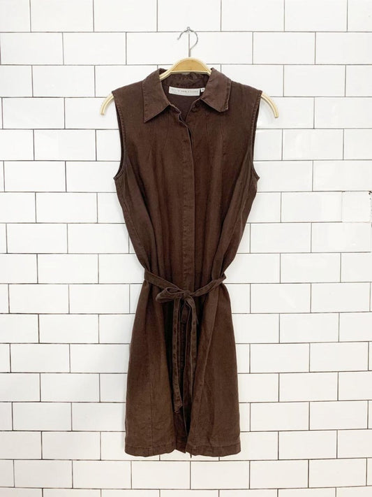 vintage 00s it's a new vision 100% linen full button sleeveless midi dress - good market thrift store