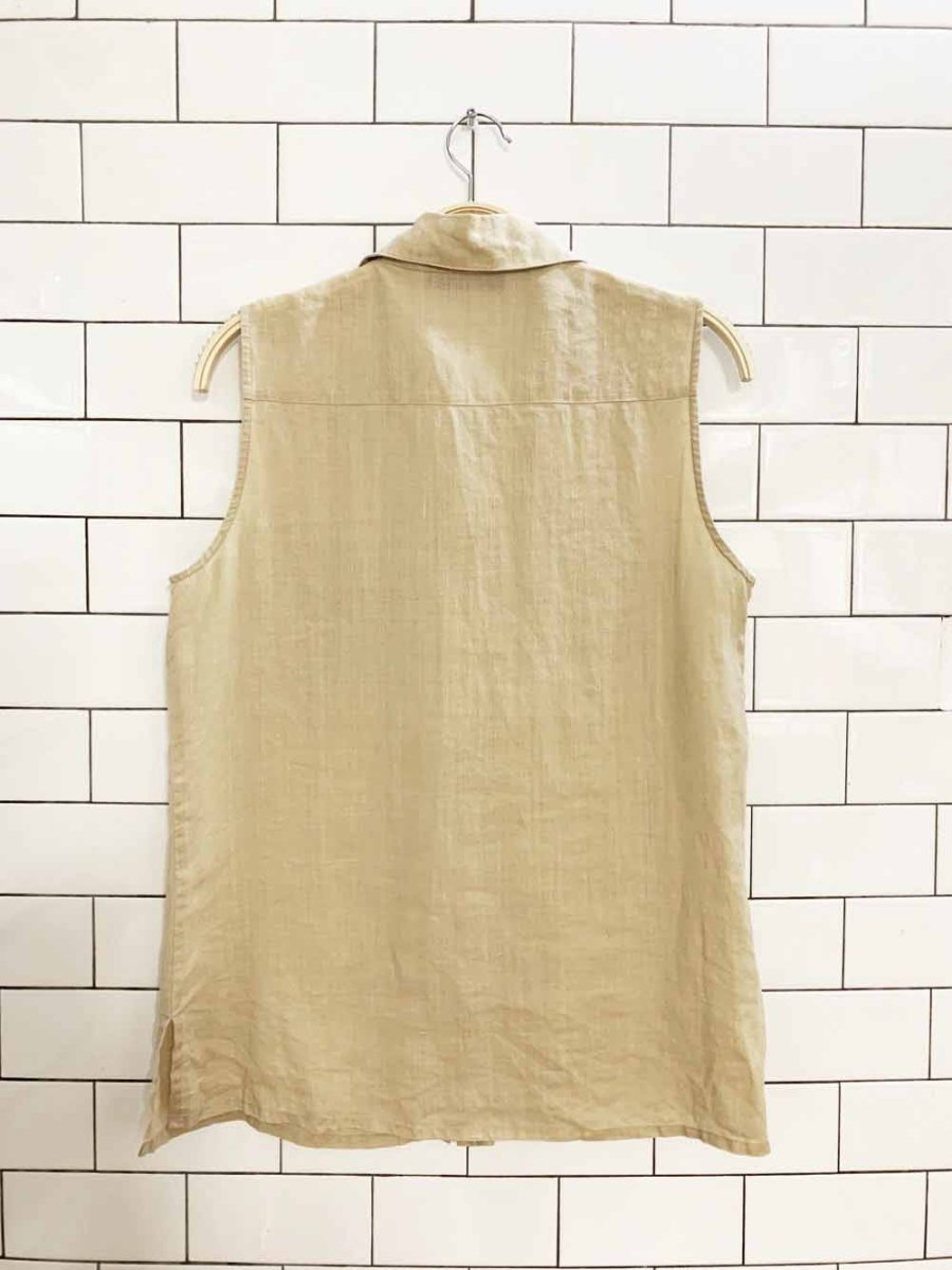 vintage 00s its a new vision 100% linen full button sleeveless shirt - good market thrift store
