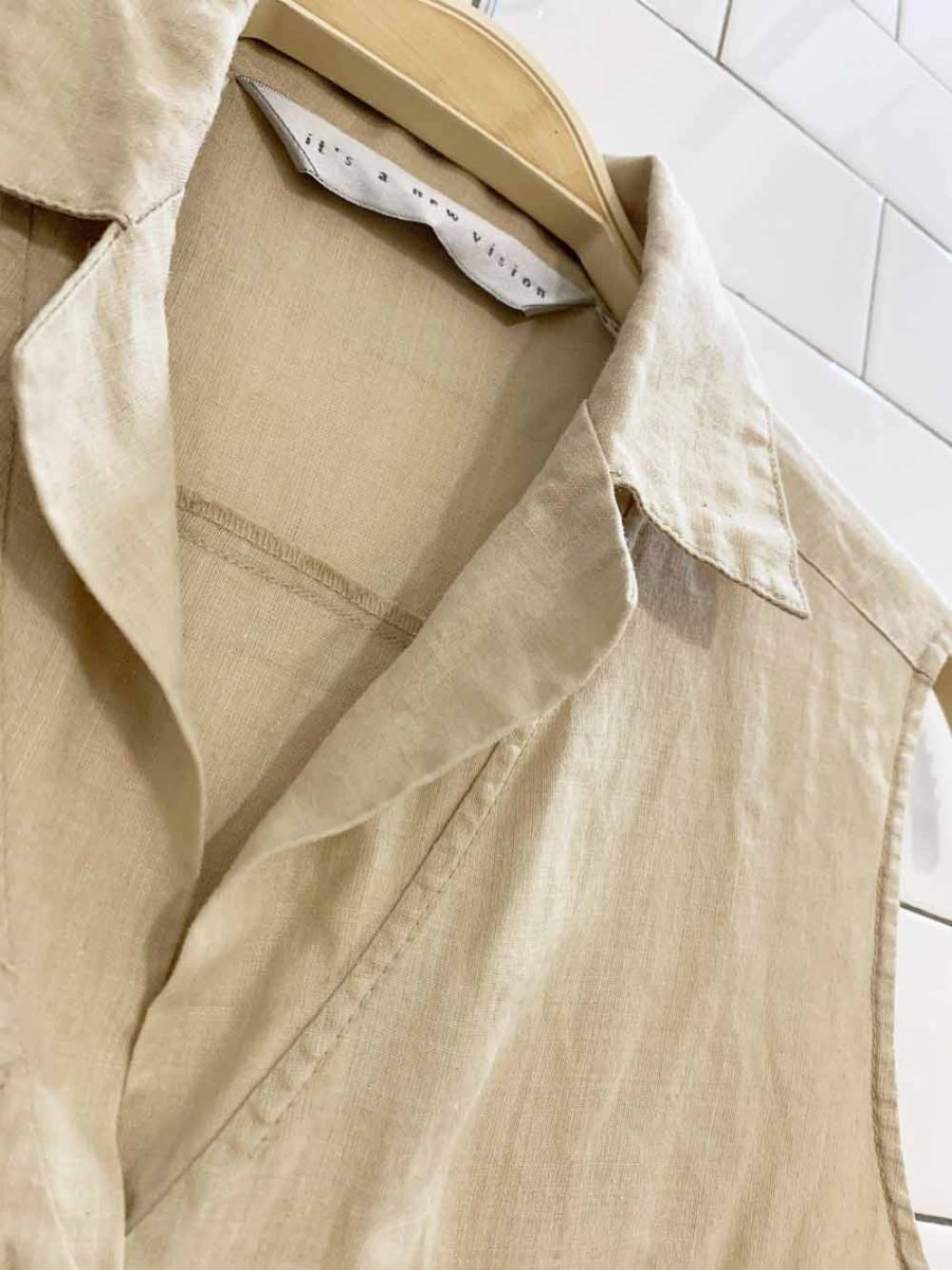 vintage 00s its a new vision 100% linen full button sleeveless shirt - good market thrift store