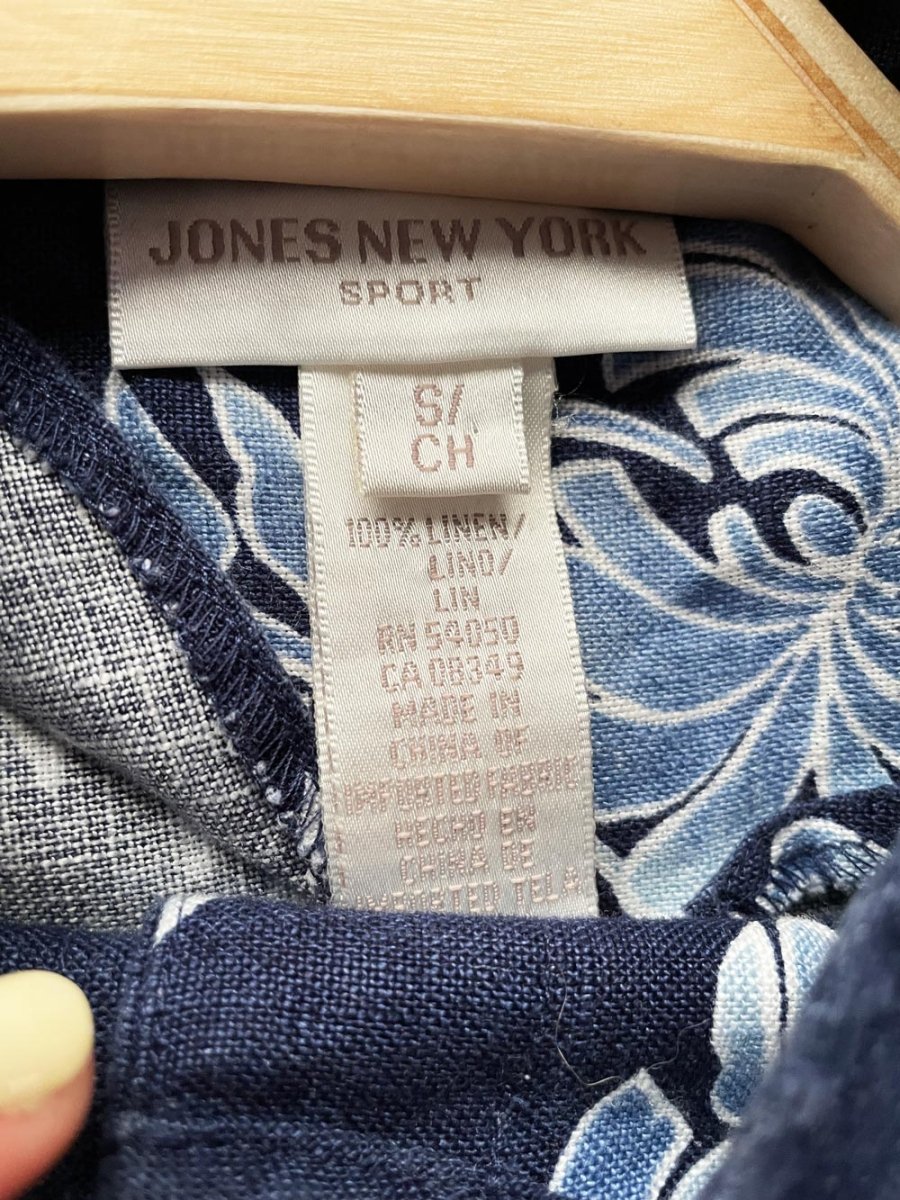 vintage 00s jones new york 100% linen mandarin collar frog button floral summer jacket - good market thrift store