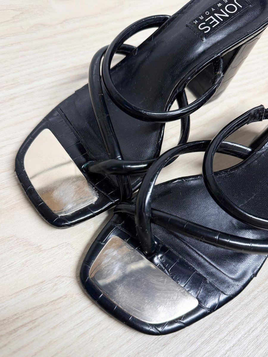 vintage 00s jones new york faux snake skin square toe strappy heels - good market thrift store