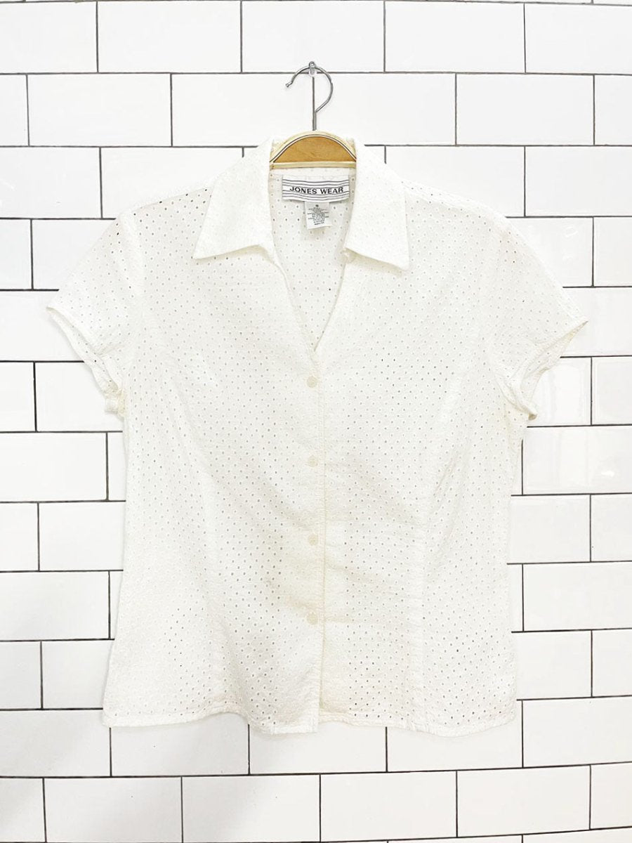 vintage 00s jones wear eyelet cap sleeve blouse | jones new york - good market thrift store