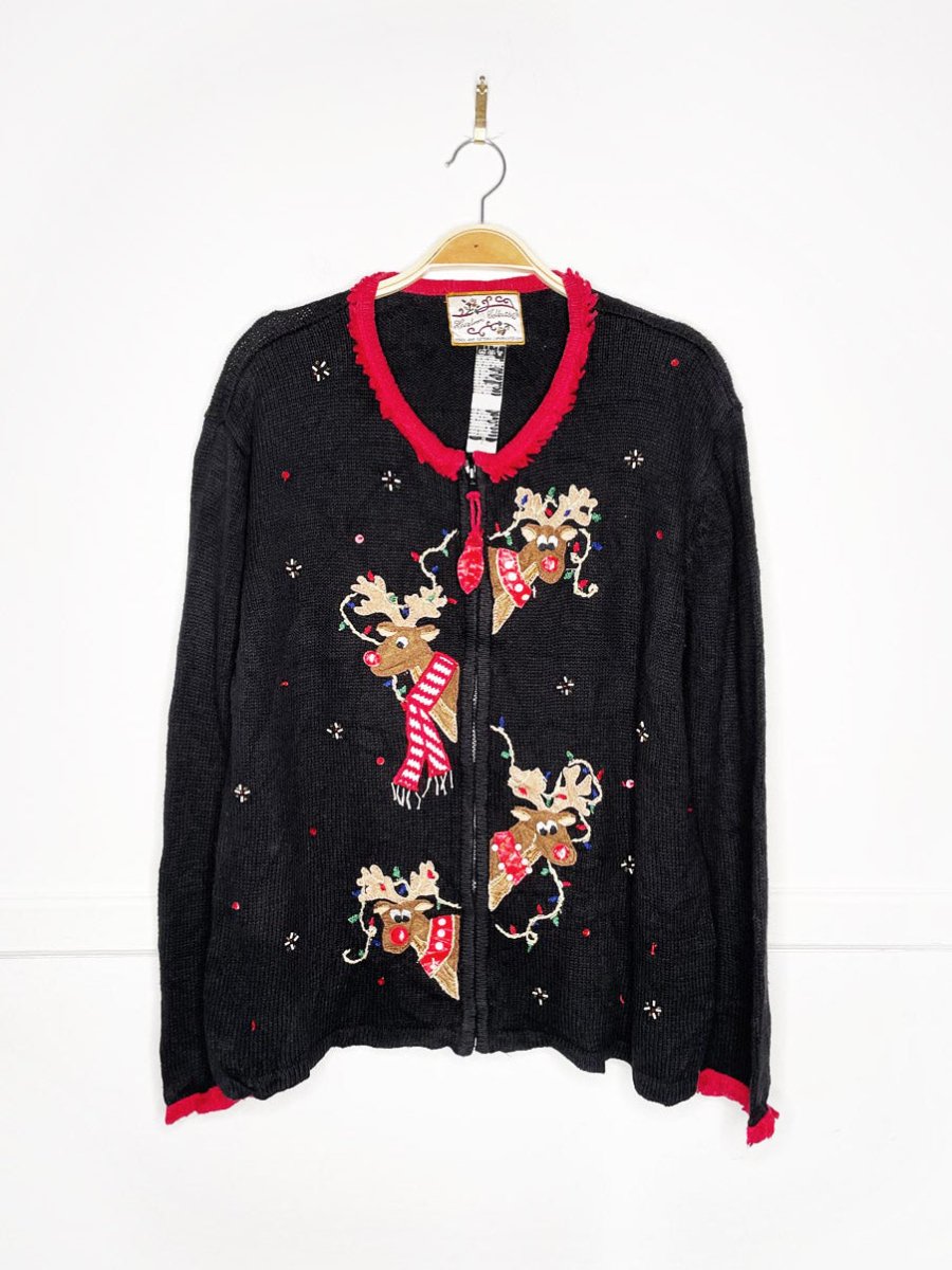 vintage 00s joyful reindeer fringe collar knit cardigan | heirloom collectibles - good market thrift store