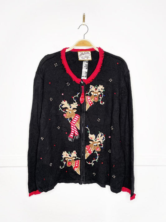 vintage 00s joyful reindeer fringe collar knit cardigan | heirloom collectibles - good market thrift store