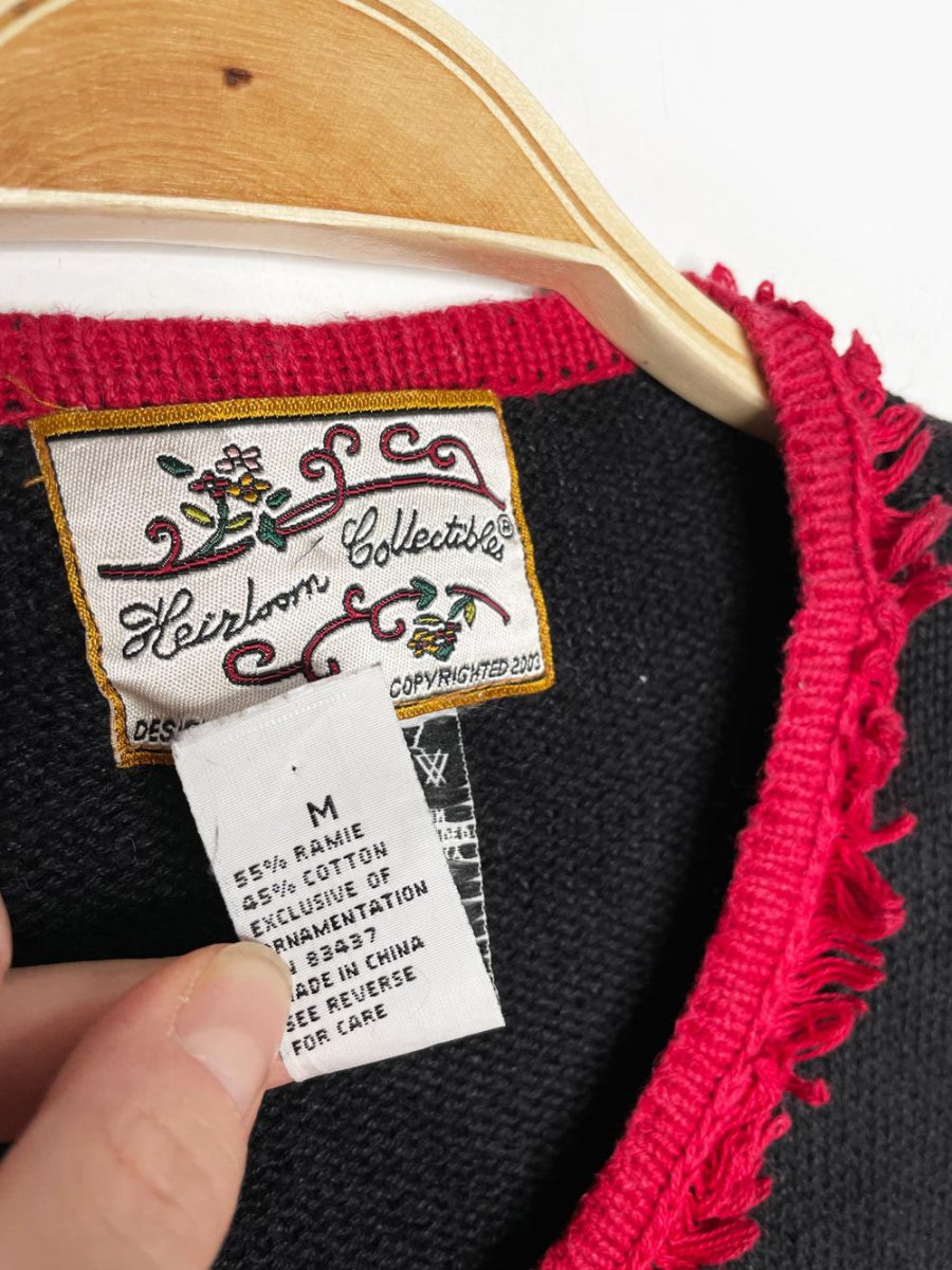 vintage 00s joyful reindeer fringe collar knit cardigan | heirloom collectibles - good market thrift store