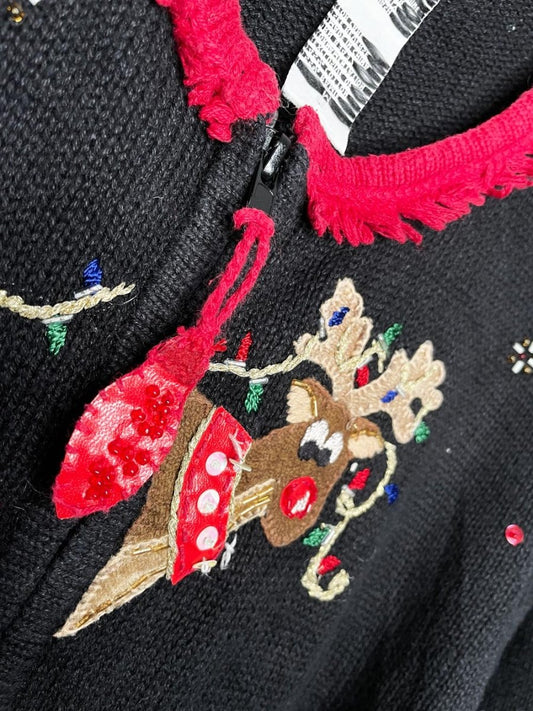 vintage 00s joyful reindeer fringe collar knit cardigan | heirloom collectibles - good market thrift store