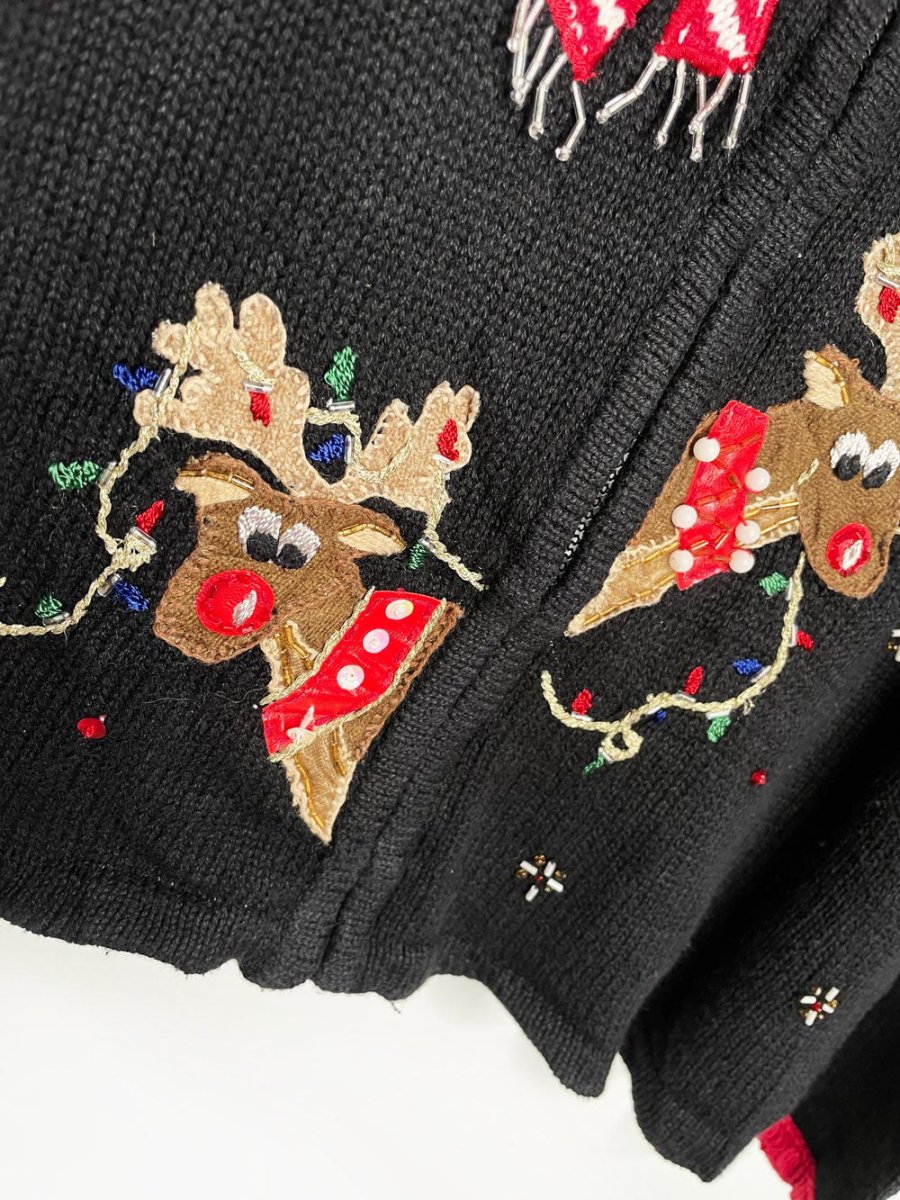 vintage 00s joyful reindeer fringe collar knit cardigan | heirloom collectibles - good market thrift store