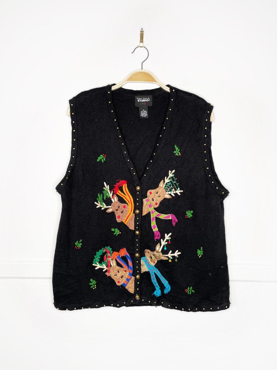 vintage 00s joyful reindeer knit vest | designers originals studio - good market thrift store