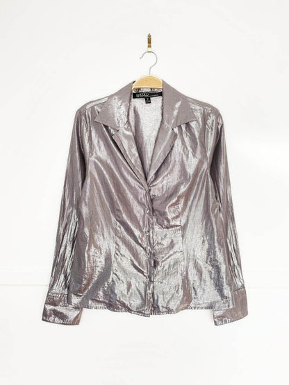 vintage 00s kasper silver bells metallic fitted blouse - good market thrift store