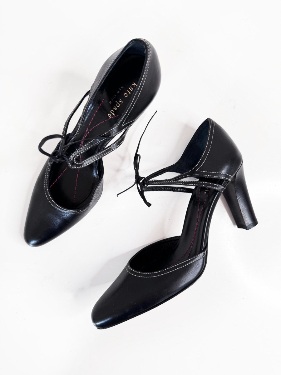 vintage 00s kate spade leather contrast stitch tie ankle mary jane heels | made in Italy - good market thrift store