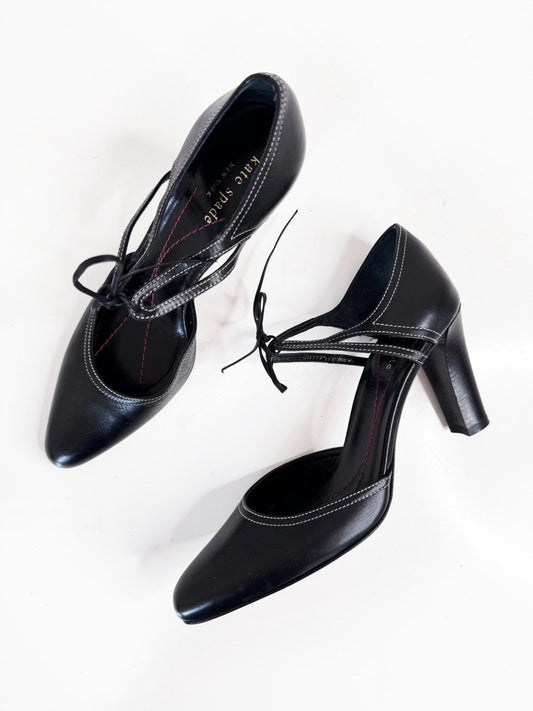 vintage 00s kate spade leather contrast stitch tie ankle mary jane heels | made in Italy - good market thrift store