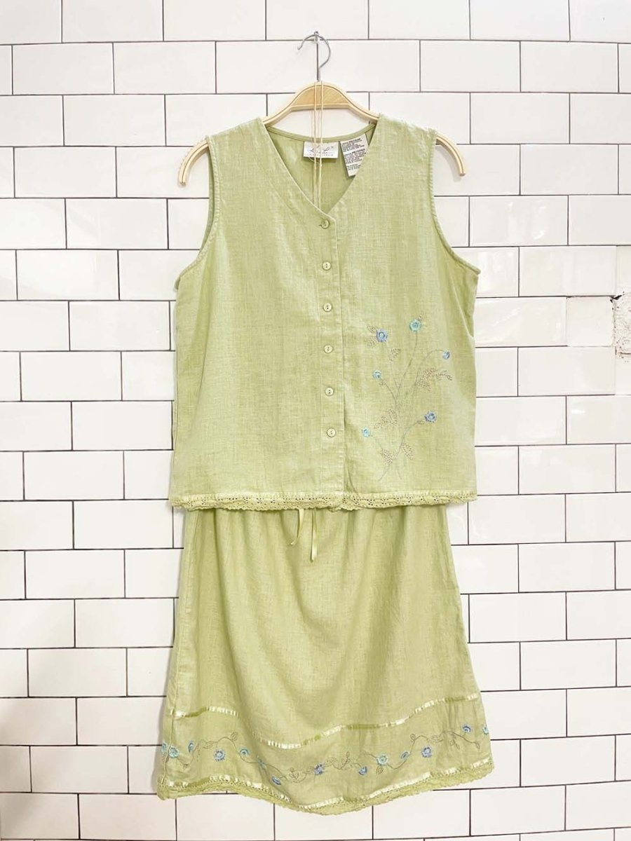vintage 00s kathie lee linen - blend button vest top + knee length skirt set - good market thrift store