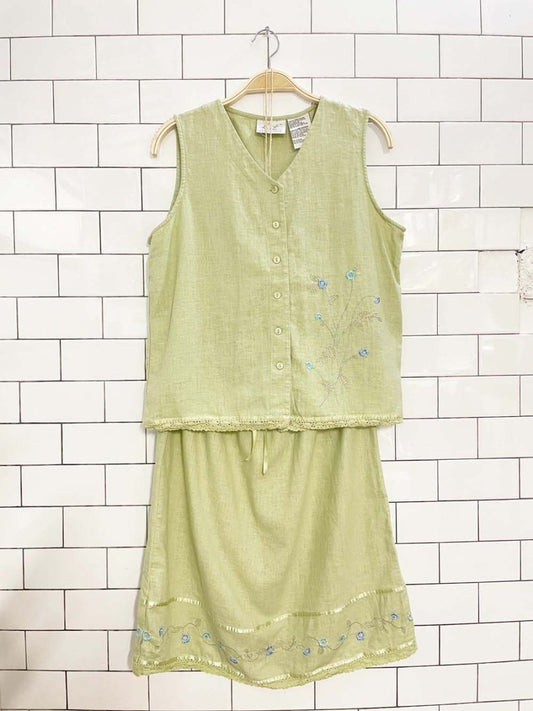 vintage 00s kathie lee linen - blend button vest top + knee length skirt set - good market thrift store