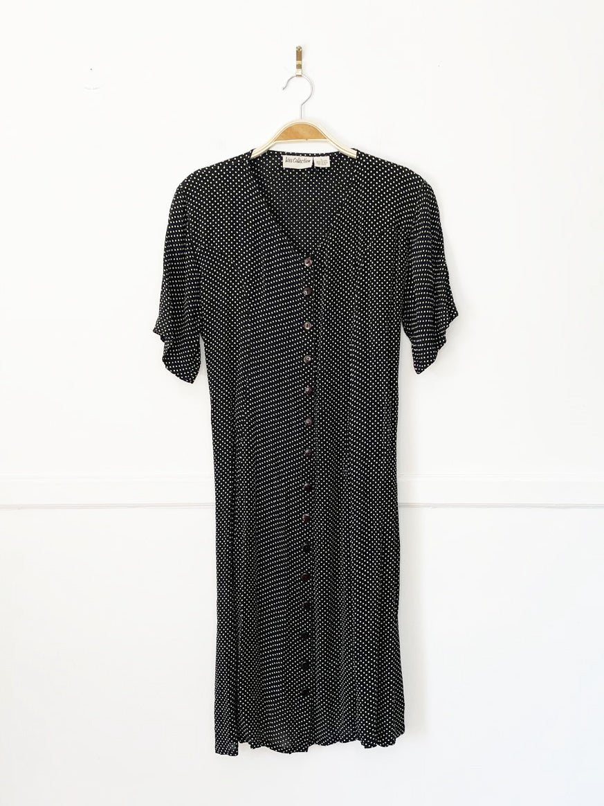 vintage 00s kiss collection polka dot full button tie back midi dress | made in india - good market thrift store