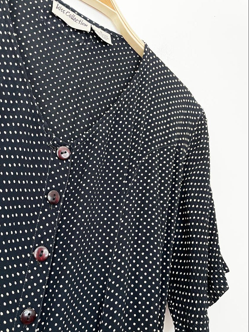 vintage 00s kiss collection polka dot full button tie back midi dress | made in india - good market thrift store